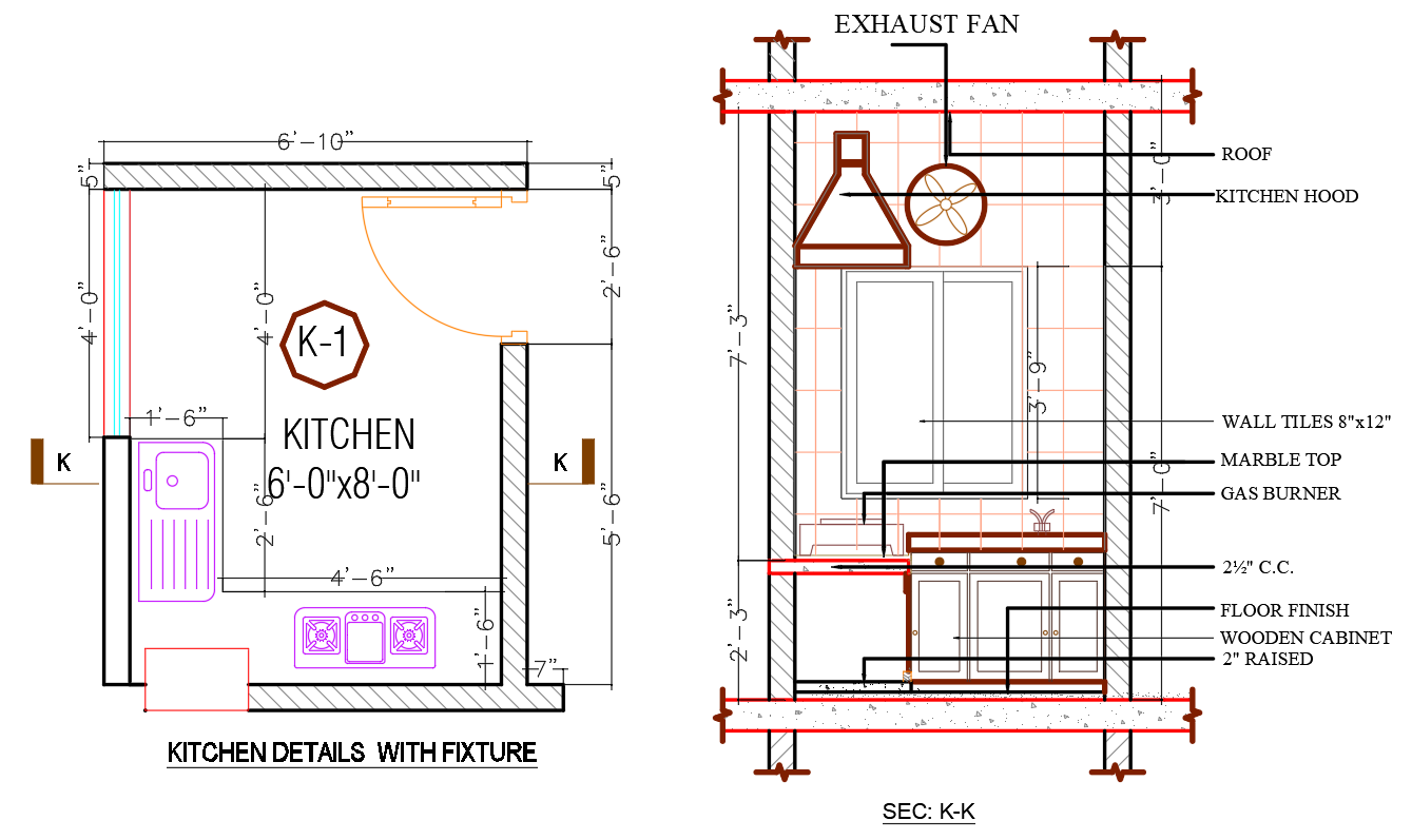 Kitchen Layout with Exhaust Fan Detail In The Plan In CAD Drawing