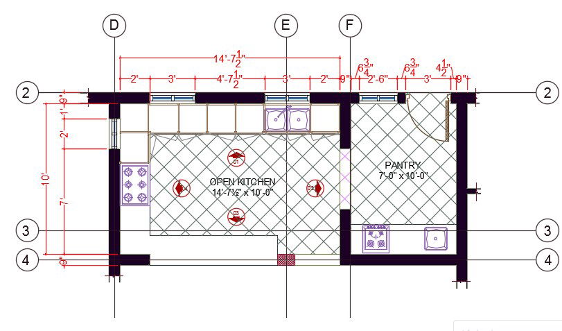 Kitchen Plan With Center Line Detail Free DWG File