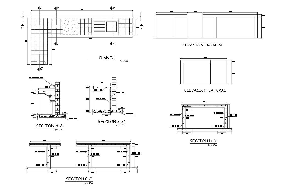 Kitchen Platform Plan And Sectional Elevation Design