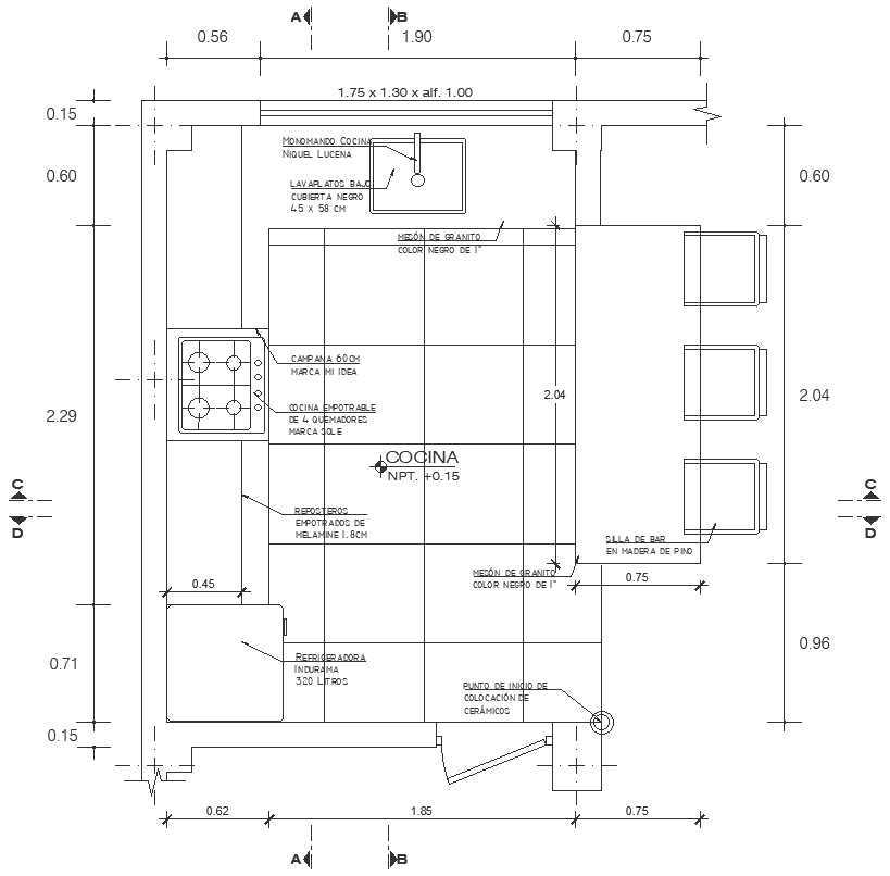 Kitchen detail with dimension and labeling details dwg autocad drawing .