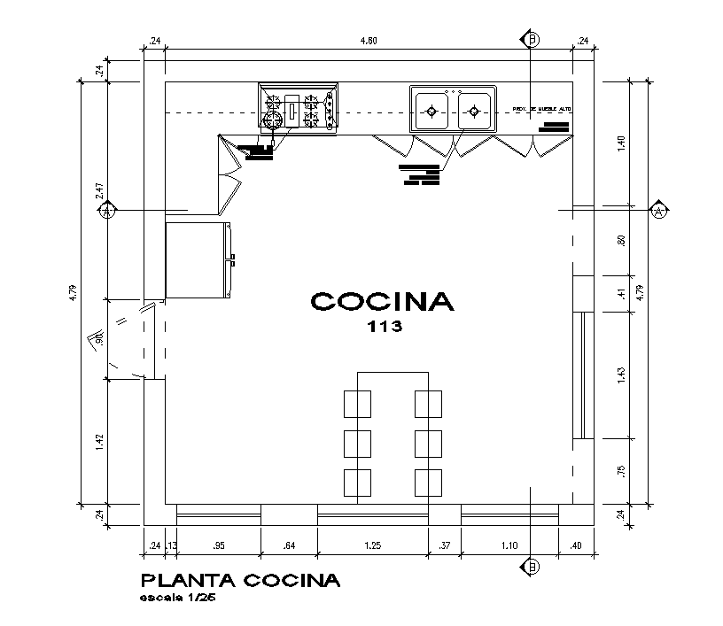 Kitchen floor plan detail drawing specified in this file. Download the AutoCAD drawing file.