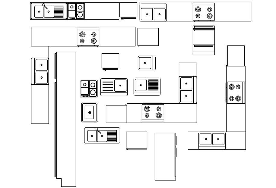 Kitchen layout and equipment 2d cad blocks plan in AutoCAD, dwg file.