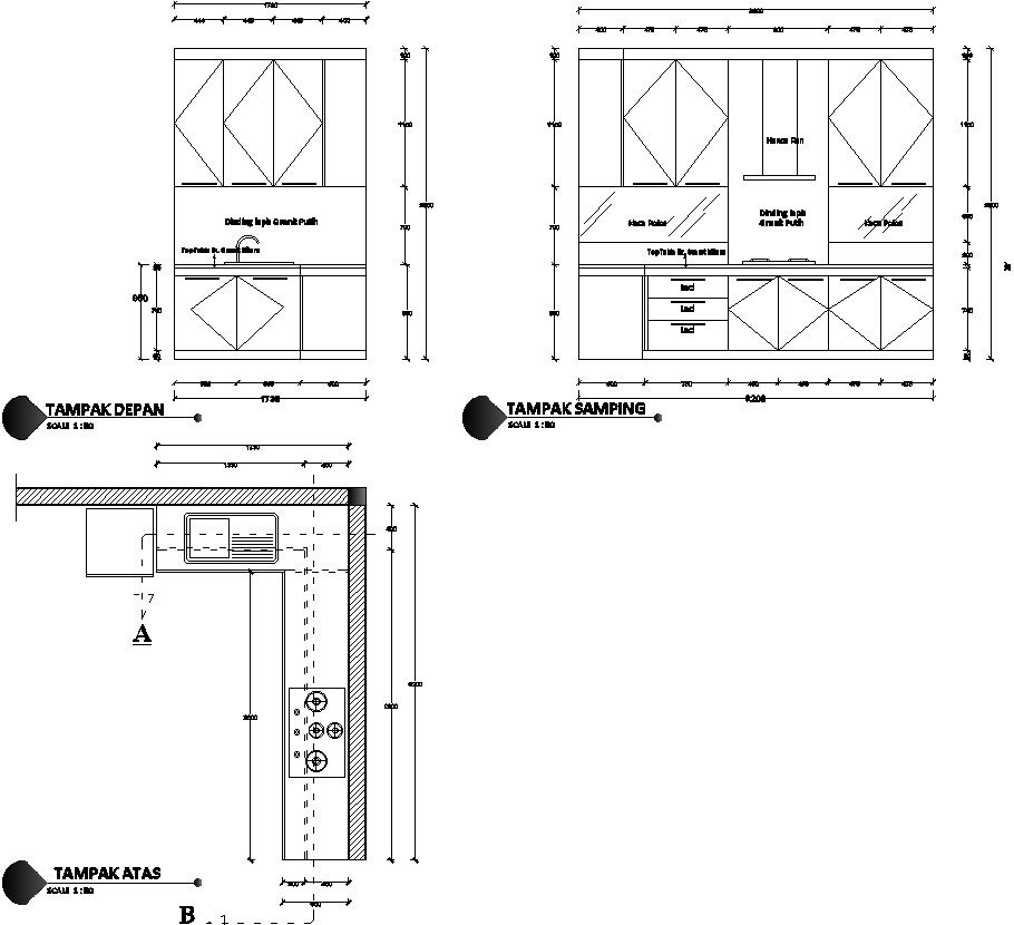 Kitchen plan and elevation design details in AutoCAD, dwg file.