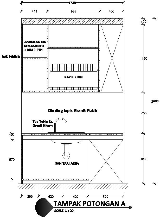 Kitchen sink area design detail in AutoCAD, dwg file.