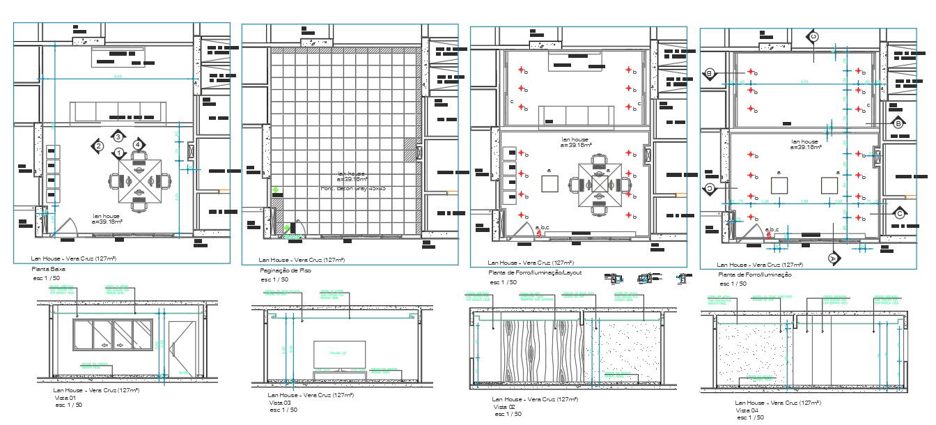LAN House Layout Plan and Section CAD drawing