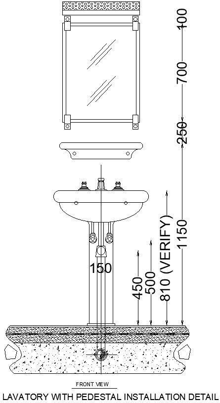 LAVATORY WITH PEDESTAL INSTALLATION DETAIL FRONT VIEW IN AUTOCAD, DWG FILE.