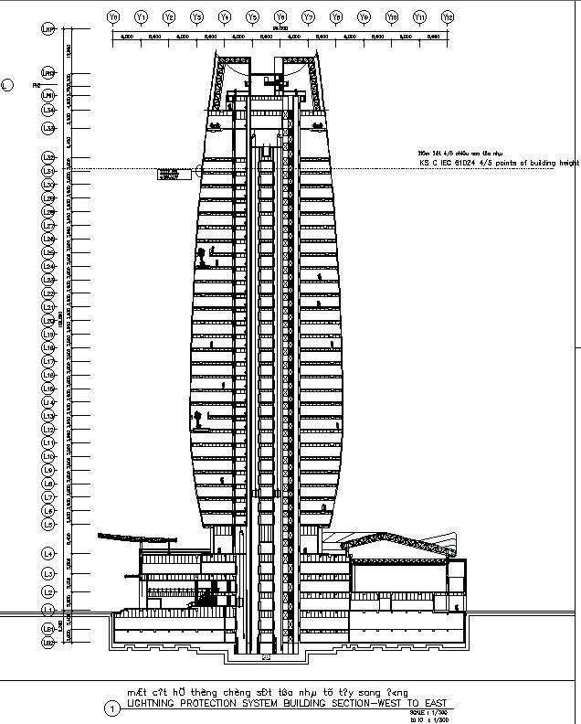 LIGHTNING PROTECTION SYSTEM BUILDING SECTION-WEST TO EAST design in AutoCAD 2D drawing, dwg file, CAD file