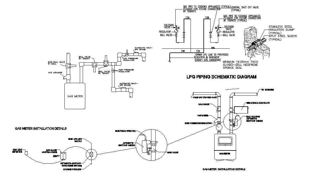 LPG piping schematic diagram detail drawing specified in this AutoCAD file. Download this 2d AutoCAD drawing file.