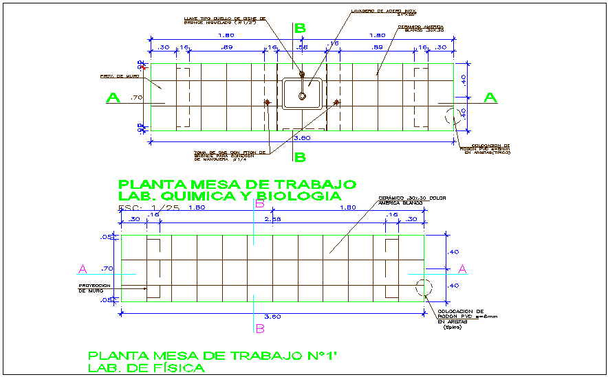 Laboratory table plan with construction detail for collage dwg file