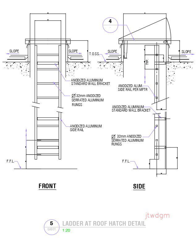Ladder at roof hatch detail in AutoCAD 2D drawing, dwg file, CAD file