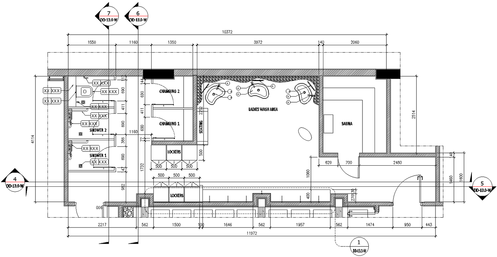 Ladies wash area design with labeling dimensions and other details dwg autocad drawing .