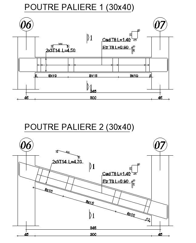 Landing beam reinforcement details in AutoCAD 2D drawing, CAD file, dwg file