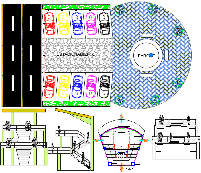 Hotel landscape design with parking layout park circle details