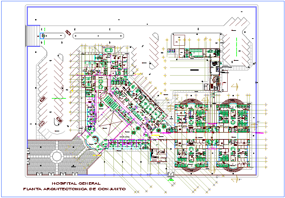Landscape design view of hospital dwg file