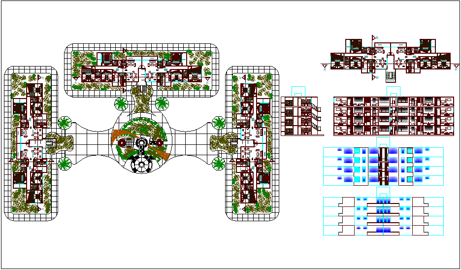 Landscape view and elevation view of apartment design view dwg file
