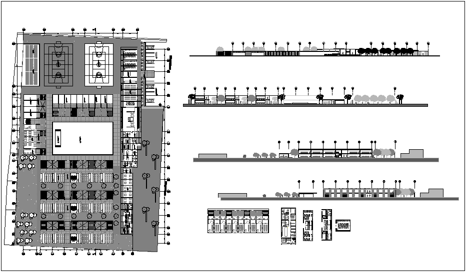 Landscape view and elevation view of school dwg file