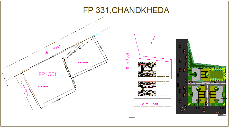 Landscape view and plan view with area map view for residence of chandkheda dwg file