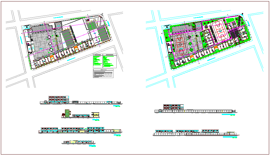 Landscape view of collage plan,elevation and section view dwg file