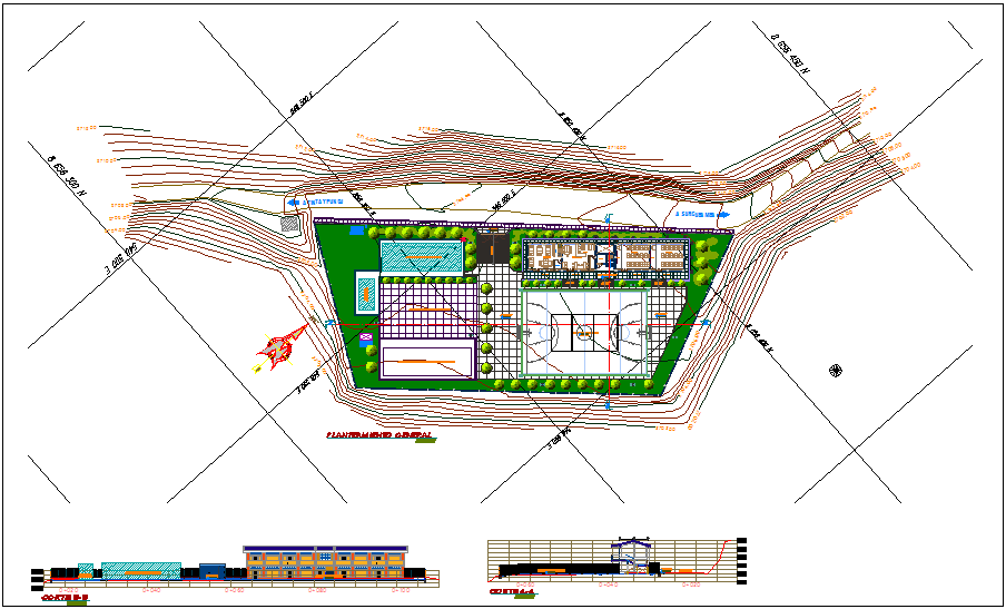Landscape view of collage university with section and elevation view dwg file