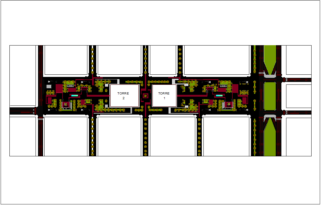 Landscape view of financial center with tower view dwg file
