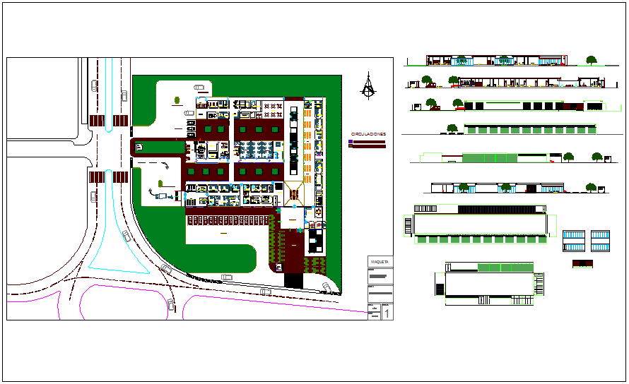 Landscape view of health center with elevation view dwg file