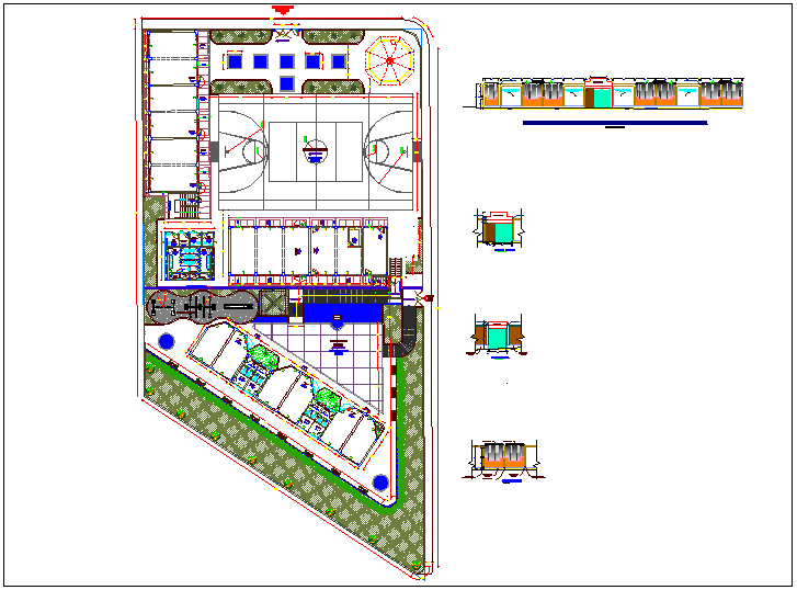 Landscape view of high school with elevation view dwg file