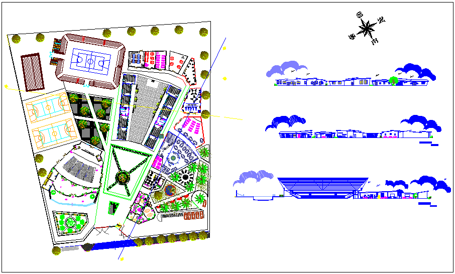 Landscape view of high school with elevation view dwg file