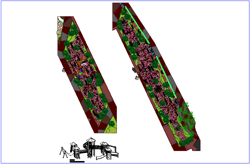 Landscape view of play ground with playing equipment dwg file