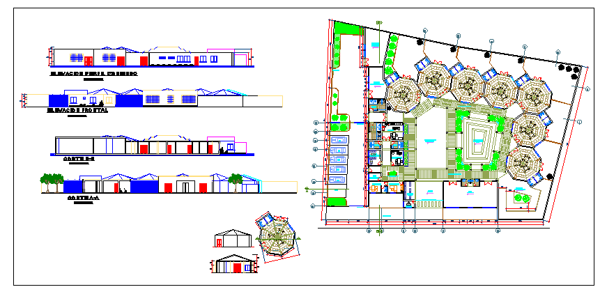 Landscape view of primary school with elevation dwg file