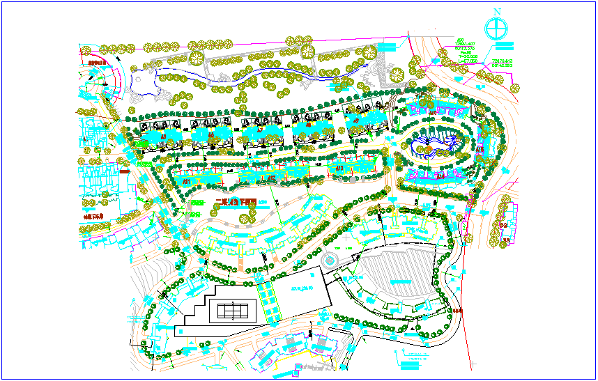 Landscape view of residential block view dwg file