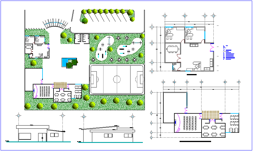 Landscape view with detail view and elevation of social center dwg file