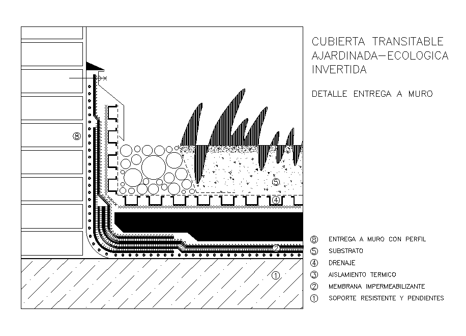 Landscaped walkable roof section detail derived in this AutoCAD drawing file. Download this 2d AutoCAD drawing file.
