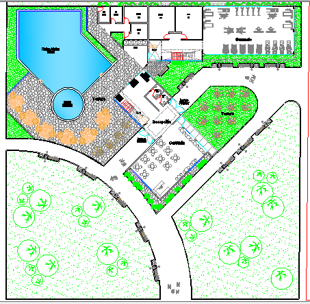 Landscaping View of Multi-Flooring Club House dwg file