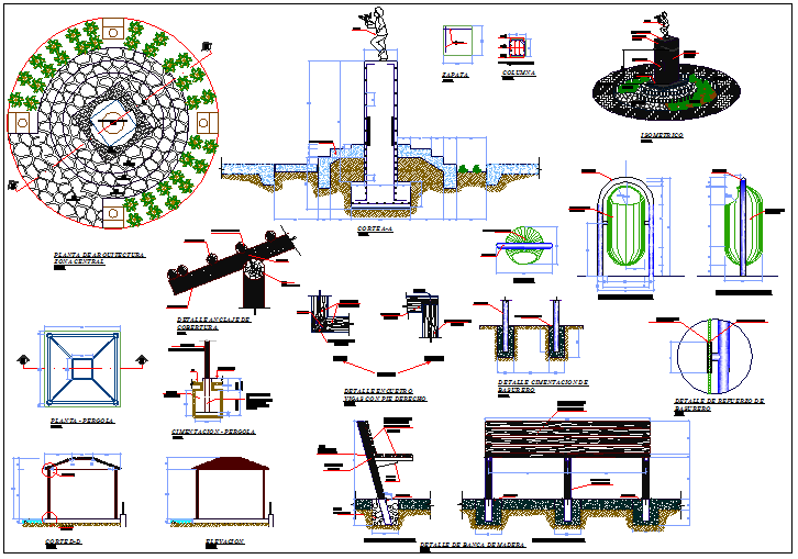 Landscaping and equipment details of public garden dwg file