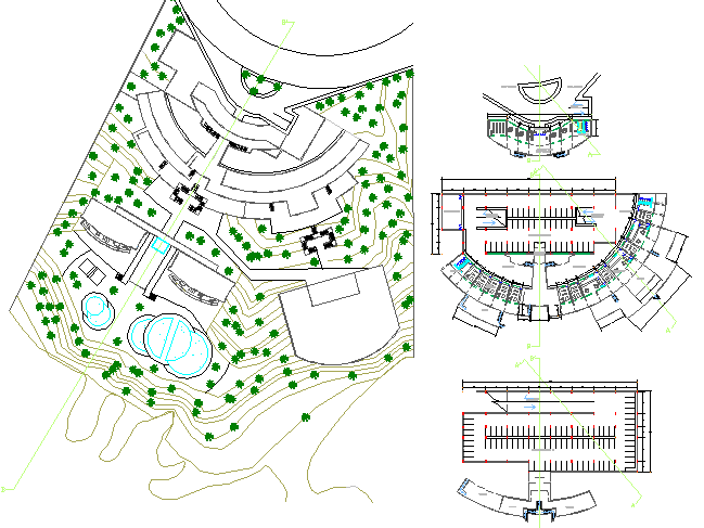 Landscaping and floor plan details of shopping center dwg file
