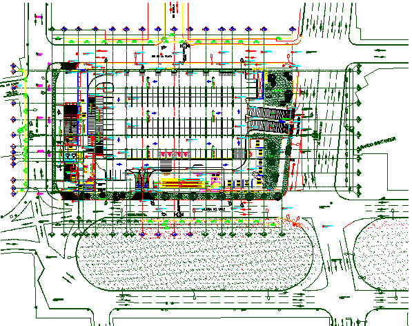 Landscaping and site plan details of corporate building dwg file