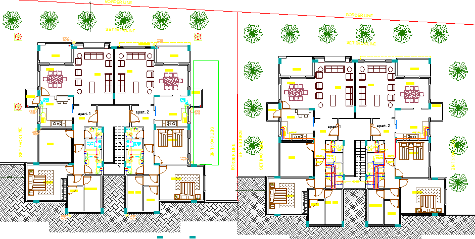 Landscaping and structure details of multi-family house project dwg file
