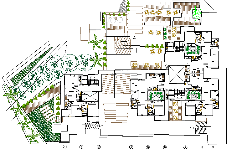 Landscaping and structure details of multi-family housing apartment flats dwg file