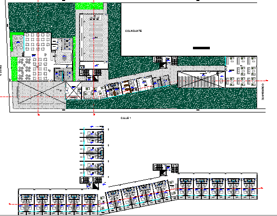 Landscaping and structure details of multi-flooring college dwg file