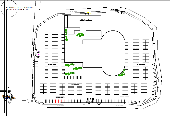Landscaping and structure details of shopping center dwg file