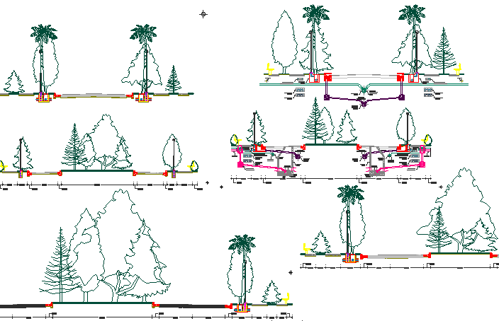 Landscaping details of garden with road and tree blocks dwg file