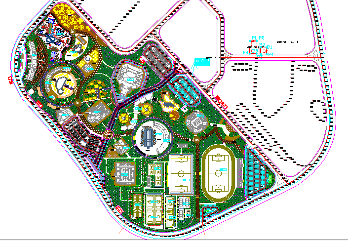 Landscaping details of hotel with sports ground dwg file
