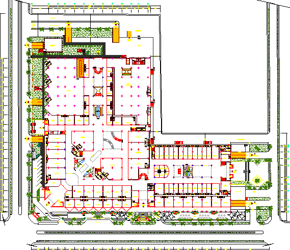 Landscaping details of mini shopping mall dwg file