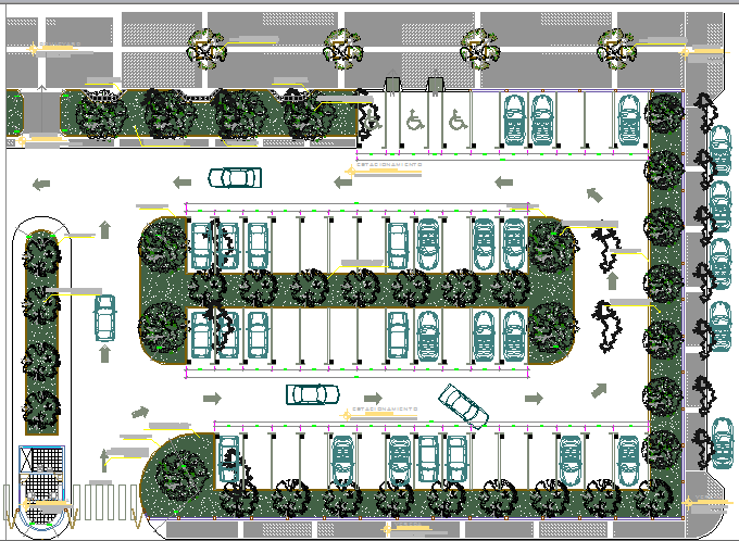 Landscaping details with car parking plot of super market dwg file