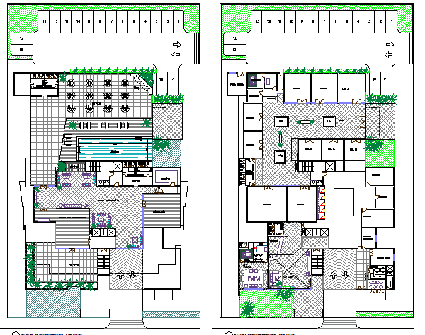 Landscaping details with structure layout plan of office building dwg file