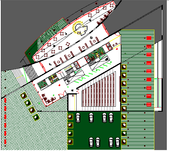 Landscaping details with structure of administration building dwg file