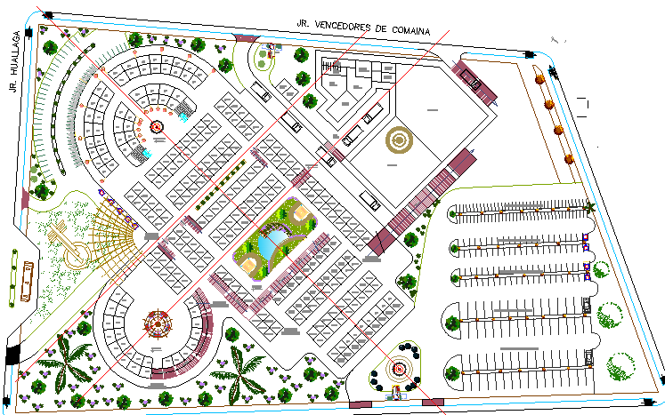 Landscaping details with structure of city market dwg file