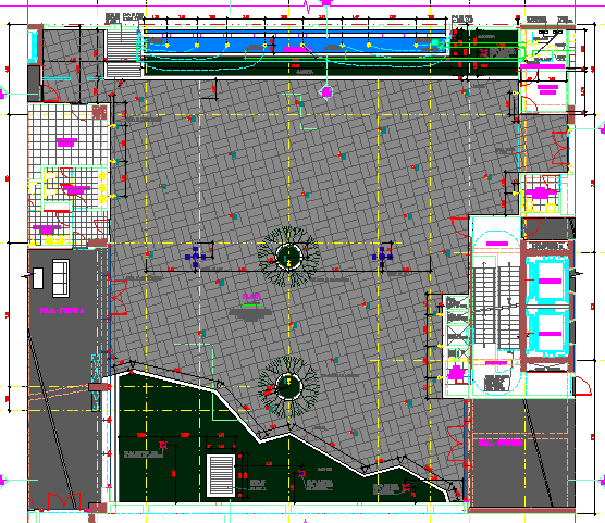 Landscaping details with structure of empresarial center dwg file