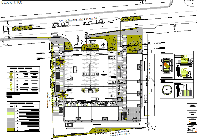 Landscaping details with structure of shopping mall dwg file