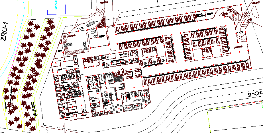 Landscaping of children hospital with parking lot and structure dwg file